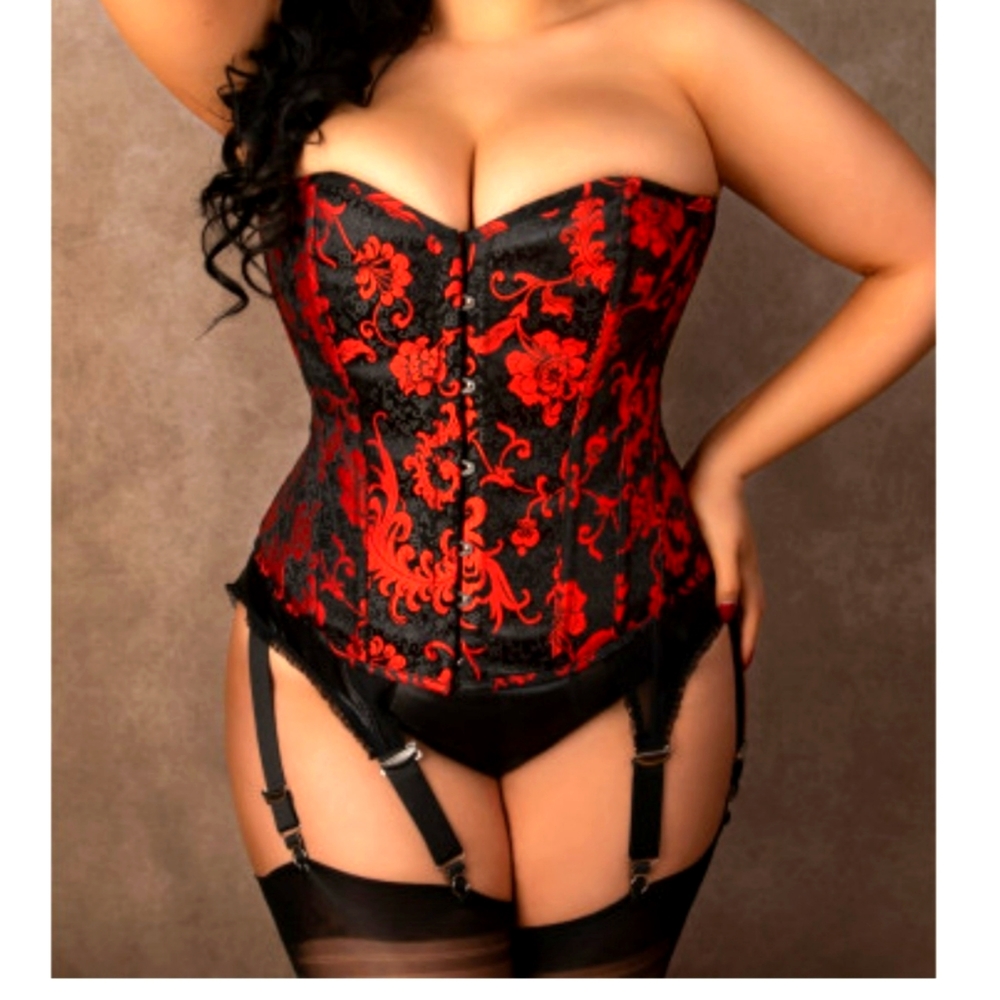 PLUS SIZE MAEVE BLACK AND RED FLORAL OVERBUST CORSET 38" - WORN 1 TIME